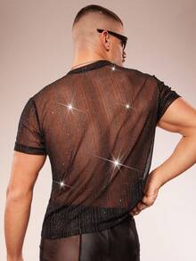 FeverCity Men's Shiny Mesh Round Neck Short Sleeve Sheer T-Shirt - Black - View 2