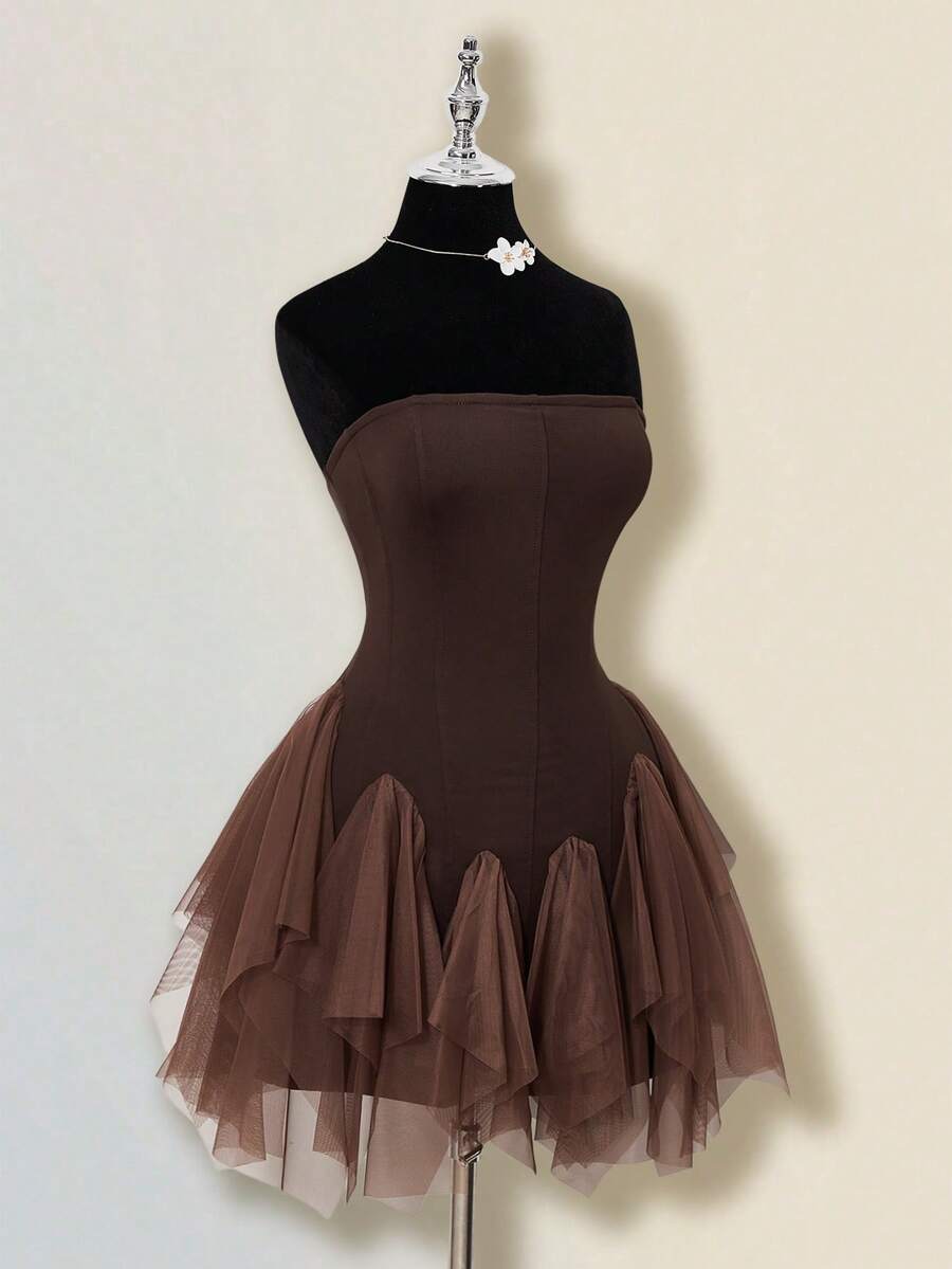 SHEIN ICON Đầm ngắn nữ màu trắng phối lưới, có gọng. - màu nâu - Xem 1