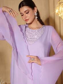 SHEIN Najma Beaded Decor Extra Long Sleeve Maxi Tunic Dress, Turkish & Arabic Traditional Style - Purple - View 2