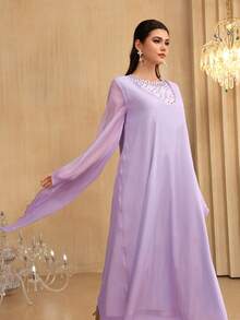SHEIN Najma Beaded Decor Extra Long Sleeve Maxi Tunic Dress, Turkish & Arabic Traditional Style - Purple - View 5