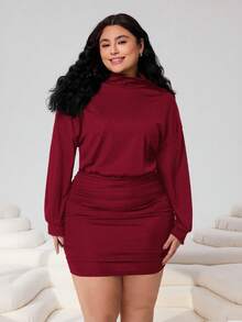 SHEIN EZwear Đầm ngắn nữ màu đỏ tía cổ đứng, màu trơn, thời trang, kiểu dáng thường ngày. - Màu Đỏ Sâu - Xem 3