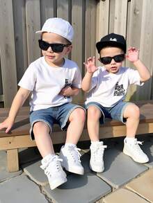 2件套儿童男童休闲百搭舒适圆领宽松短袖针织T恤和短裤套装，适合春夏穿着 - 白色 - 查看 1