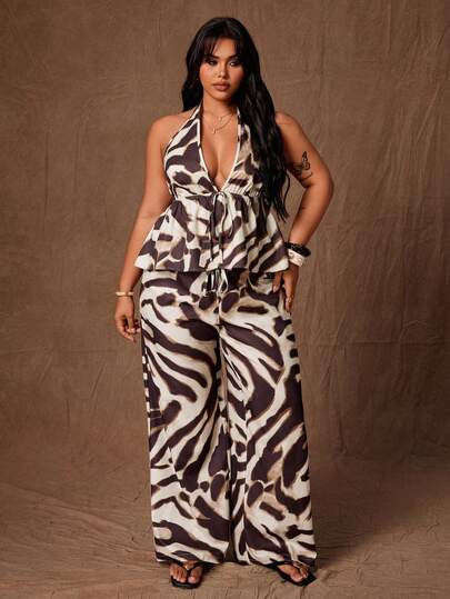 Rustia Plus Size Zebra Print Casual Spaghetti Strap Tie Strap Top And Pants 2 Pieces Set