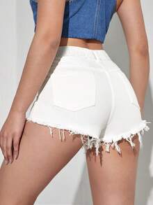 Rivivi 大码女式破洞牛仔短裤，休闲修身无弹力牛仔套装 - 白色 - 查看 6