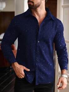 Manfinity Homme Plus Size Men's Long Sleeve Collared Button-Up Shirt Men Rhinestone Shirt Mens Sequin Shirt - Navy Blue - View 4
