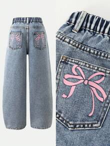 Tween GirlsCasual Basic Comfortable Elegant Fresh Wide Leg Loose Fit Pure White Jeans - Light Wash - View 9