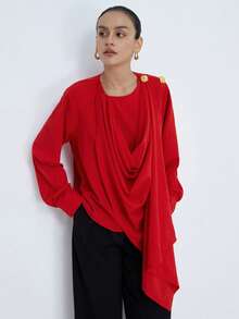 Aveloria Modichic Vintage Vibrant Red One-Piece Swing Collar Blouse, Golden Button Decor For Refined Look, Long Sleeve Design Suitable For Autumn Date - Red - View 1