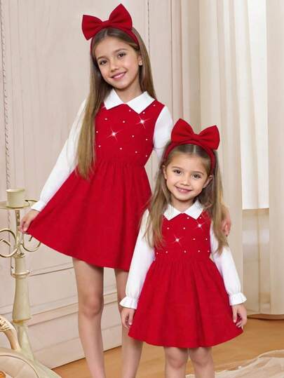 Elladie kids 少女珍珠点缀领口红白中长连衣裙，甜美优雅风格，适合派对、日常穿着、春秋季及圣诞节等场合。