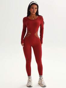 Slayform 纯色露背镂空紧身长袖连体裤