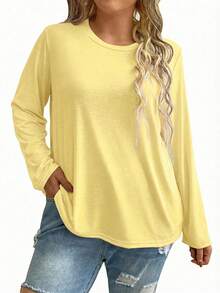 EMERY ROSE 大码女式纯色圆领宽松休闲简约日常通勤打底长袖T恤，黑色，春秋季 - 黃色 - 查看 1