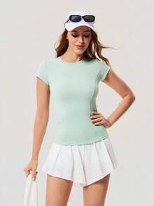 OutZeal 女士运动T恤 健身房锻炼上衣 收腹吸汗圆领紧身T恤 运动上衣 - 0.霧綠 - 查看 5