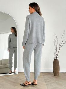 EURMUSE Set de 2 piezas de mujer con suéter de unicolor casual y pantalones largos con decoración de rhinestones, para otoño/invierno - Gris Claro - Ver 2
