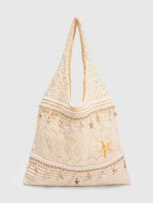 ROMWE Fairycore 1 件热带海洋沙滩度假风镂空编织米色女士单肩斜挎包，大容量旅行度假包 - 多色1 - 查看 8