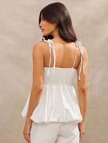WESTFADE Western Summer Square Neck Cute Bow Tie Straps Smocked Back Cowgirl Bubble Hem Tank Top Spring Break Beach Vacation - White - View 4