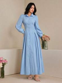 Graceveil Women's Fashionable, Modest, Elegant Solid Color Extra Long Shirt Dress - Blue - View 1