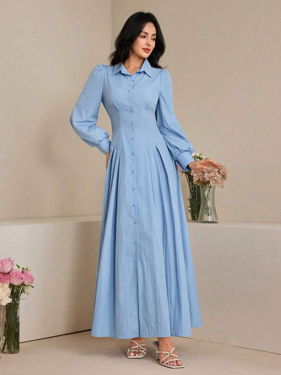 Graceveil Women's Fashionable, Modest, Elegant Solid Color Extra Long Shirt Dress - Blue - View 1