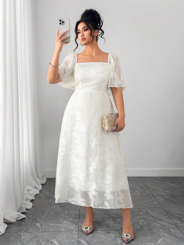 Elenzga Plus Size Women's Romantic Floral Jacquard Dress, Suitable For Spring/Summer Commute And Daily Wear, Fashionable & Versatile