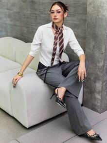INAWLY Women's Casual Commuter Striped Contrast Lace Straight Pants - Grey - View 4