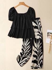 SHEIN LUNE Plus Size Women Black Summer Boho Vacation Holiday Solid Color Square Neck Tie Front Shirt And Tropical Plant Print Wide Leg Pants Casual 2 Pieces Set - Multicolor - View 6