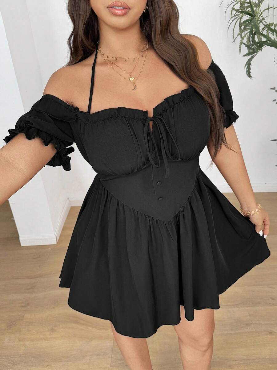 Vionelle Plus Size Women Solid Color Frill Off-Shoulder Front Tie Neck Dress, Vacation - Black - View 1