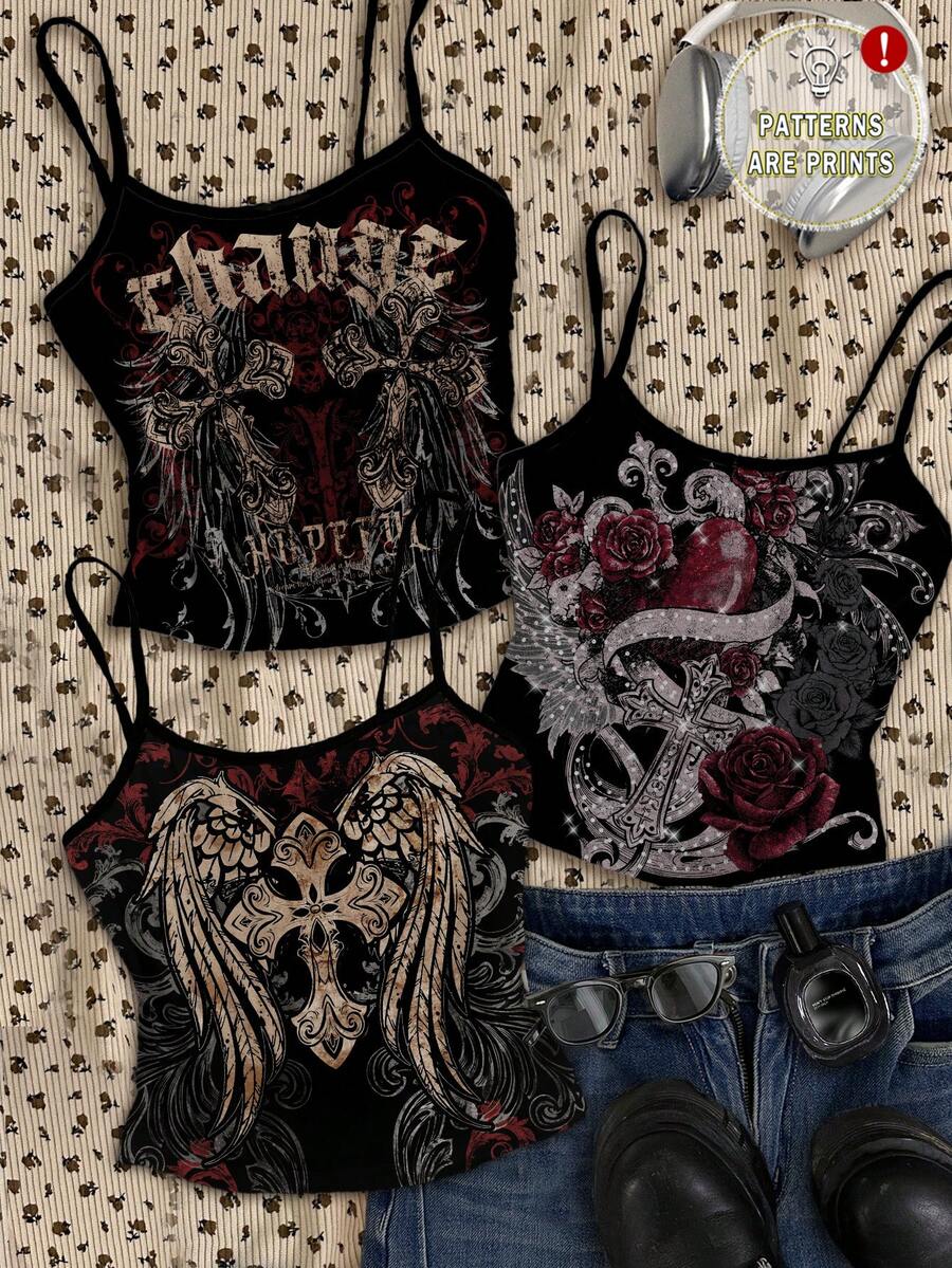 Attitoon Set de 3 piezas de top tipo camiseta Y2K, estilo punk retro y casual, con estampados versátiles de corazón, cruz, alas y letras góticas en inglés desgastadas, para un cómodo verano y primavera de las mujeres - Multicolor - Ver 1