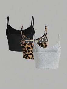 SHEIN EZwear 3pcs Leopard Print Women Tight Cropped Casual Camisole Tops, Suitable For Summer - Multicolor - View 2