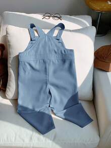 男童休闲舒适百搭可爱小熊图案背带裤 - 霧霾藍 - 查看 2