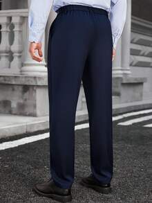 Manfinity Bizformal 男士腰部设计商务休闲修身直筒锥形裤，通勤复古时尚长裤 - 藏蓝色 - 查看 2