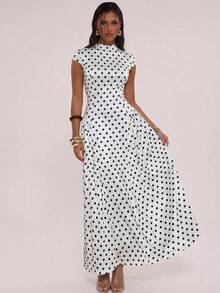 SHEIN BAE Đầm xòe cổ đứng họa tiết chấm bi thanh lịch dành cho nữ - trắng - Xem 5