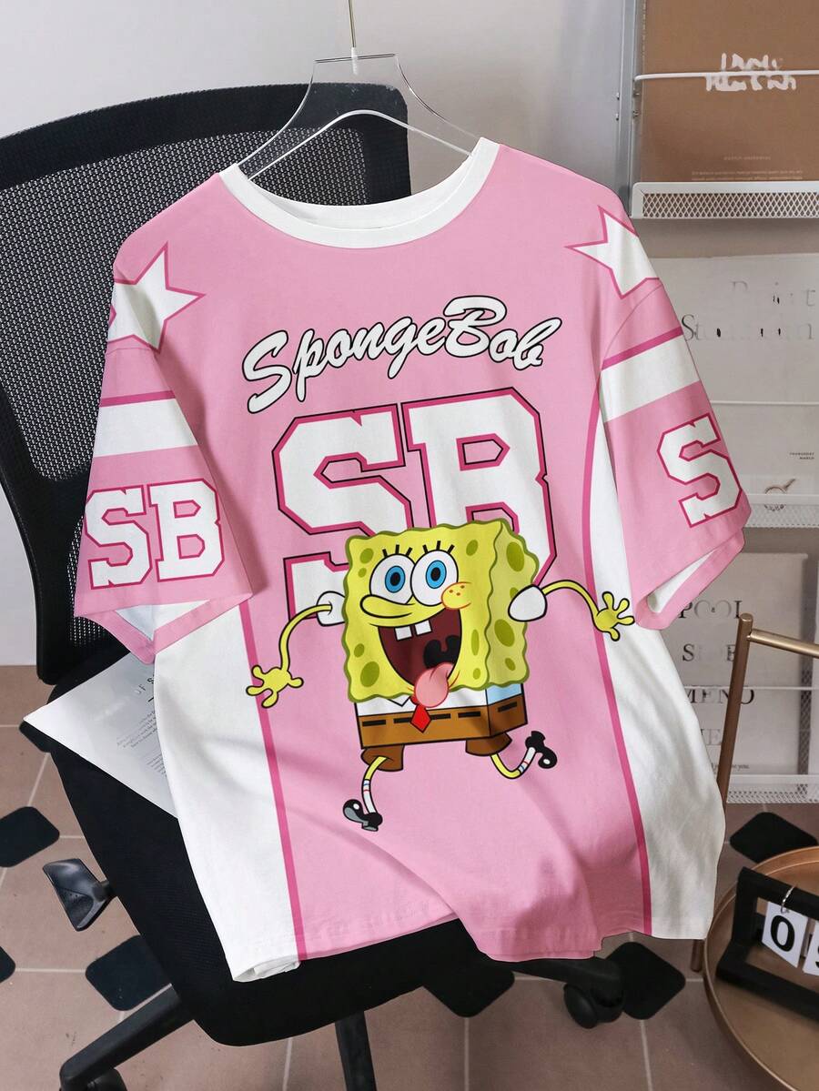 SpongeBob SquarePants | SHEIN Áo thun nam cỡ lớn cổ tròn tay ngắn in chữ và hoạt hình phối màu - trắng - Xem 1