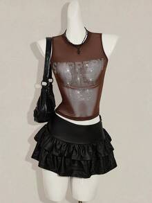 SHEIN ICON Áo hai dây ôm sát, xuyên thấu, màu đen lưới, gợi cảm, đính đá lấp lánh, dành cho nữ, kiểu dáng Y2k, chất liệu lưới, có chữ cái, hở lưng. - Cà phê nâu - Xem 3