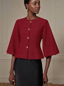 Aveloria Revavyn Elegante chaqueta tipo blazer retro de estilo francés para mujer con diseño de lujo y alta gama, cuello redondo, mangas abombadas, cintura ceñida y botones metálicos - Rojo - Ver 4