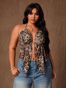 Rustia Plus Size Women Leopard Print Backless Halter Neck Sexy Fashion Tank Top - Coffee Brown - View 3