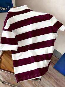 Manfinity Joysei Men's Casual Daily Commute Vacation Style Letter Colorblock Striped Print Short Sleeve Polo Shirt, Summer - Red and White - View 2