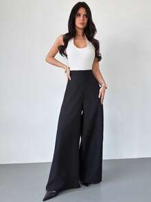 Firerie Women's Casual Chic High Waist Textured Wide Leg Pants, Suitable For Back To School And Commuting - Black - View 7