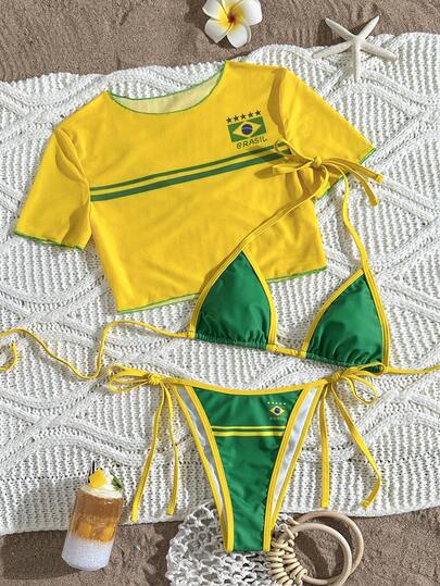 Swim SXY 女士沙滩套装 - 巴西国旗元素黄绿撞色，时尚休闲度假运动冲浪挂脖比基尼罩衫泳衣三件套
