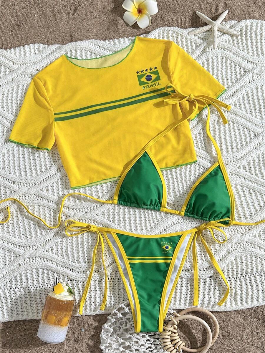 Swim SXY 女士沙滩套装 - 巴西国旗元素黄绿撞色，时尚休闲度假运动冲浪挂脖比基尼罩衫泳衣三件套