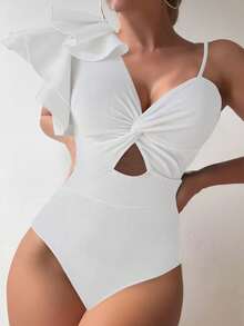 SHEIN Swim 前扭結荷葉邊連體泳衣 - 白色 - 查看 1