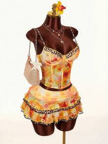 Amplova 2026 Early Spring Floral & Leopard Print Low-Cut Blouse, Low-Waist A-Line Skirt, Women's 2-Piece Set - Multicolor - View 1