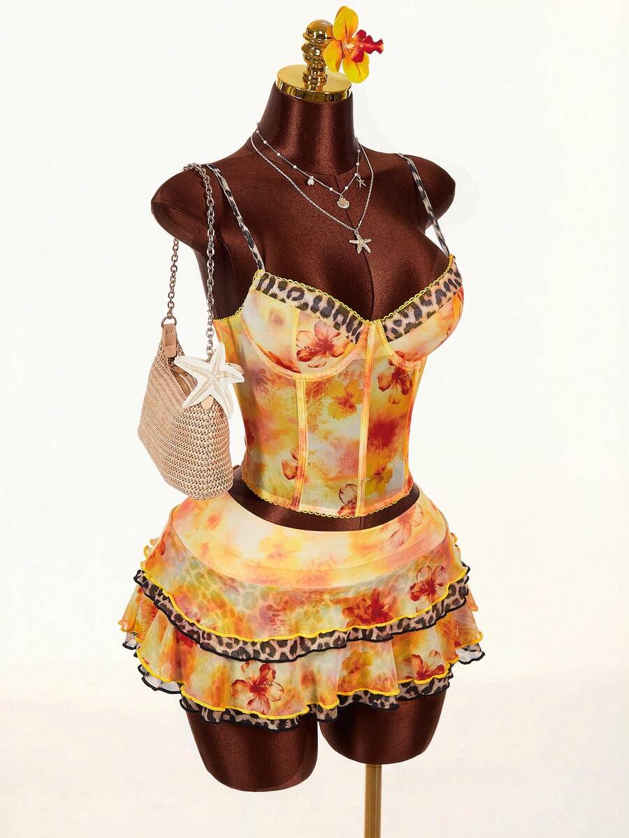 Amplova 2026 Early Spring Floral & Leopard Print Low-Cut Blouse, Low-Waist A-Line Skirt, Women's 2-Piece Set - Multicolor - View 1
