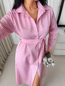 EURMUSE 女士粉白条纹衬衫裙 – 长袖纽扣领中长连衣裙，配腰带，休闲职场优雅春季装扮 - 粉色 - 查看 6