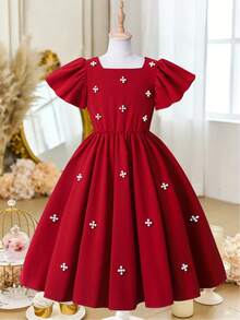 少女奢华仿珍珠串珠泡泡袖缎面派对连衣裙，适合各种活动、生日、迷你裙场合 - 紅色 - 查看 7