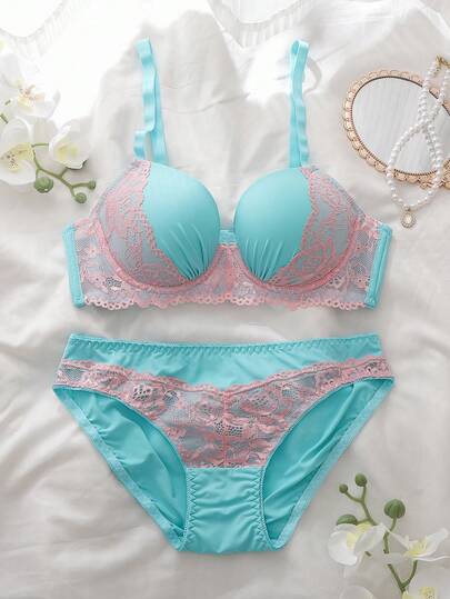 2pcs Contrast Floral Lace Patchwork 3/4 Cup Underwire Padded Push Up Comfy Balconette Romantic Gift Bow Cute Babydoll Women Lingerie Set