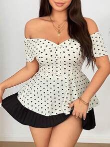 Vionelle 大码女士优雅浪漫波点露肩收腰上衣，春夏款 - 彩色 - 查看 5