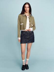 lacRébo Khaki Suede Effect Jacket With Contrast White Lace Trim Button Front And Patch Pockets Cute Vintage Romantic Outerwear French Style Parisian Style - Army Green - View 5