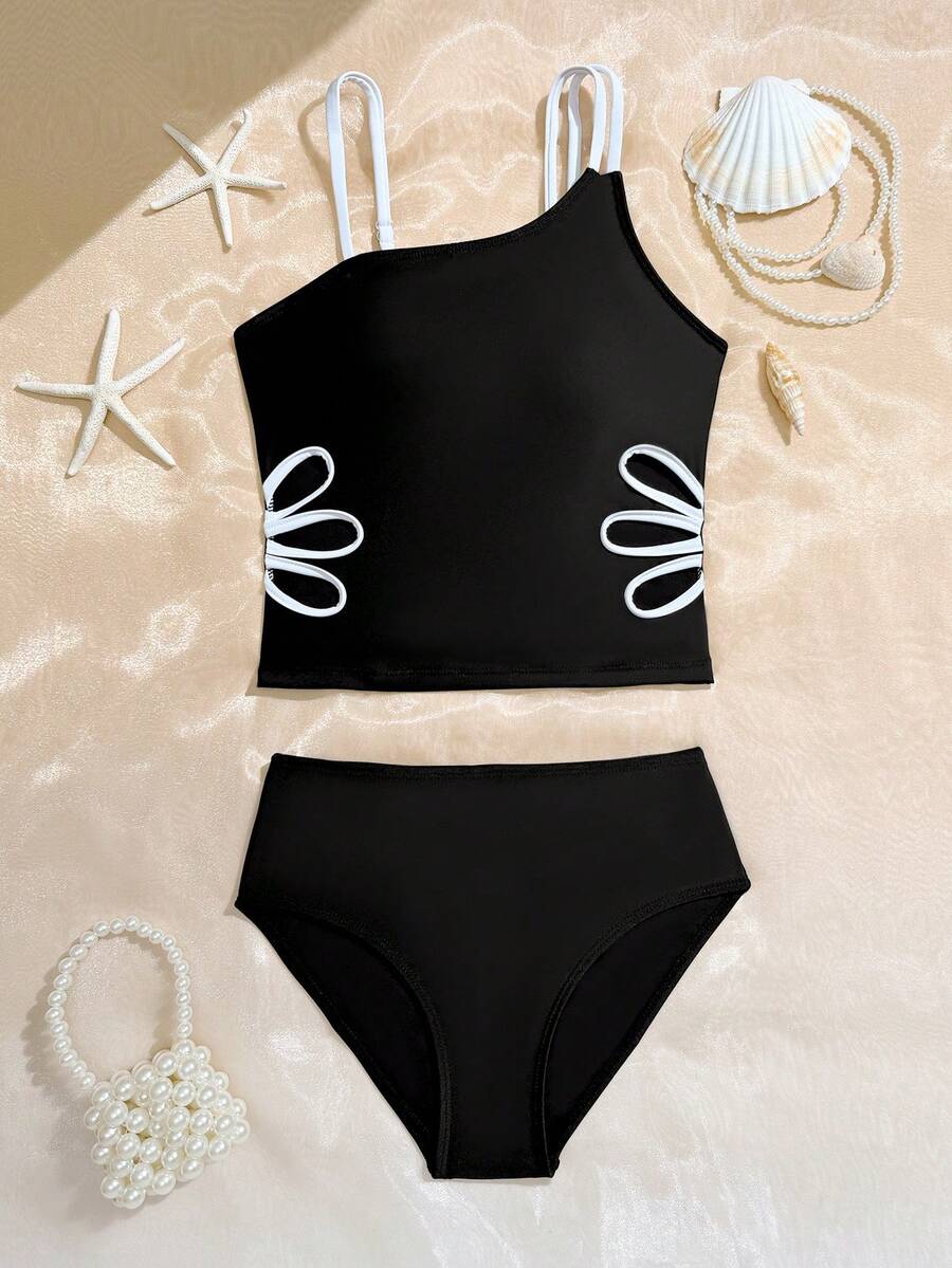 Tween Girls Cutout Design Swimsuit Set - Black - View 1