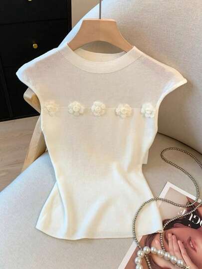 GlowEve 春夏新款半透明针织拼接3D立体花卉圆领无袖休闲修身女式毛衣