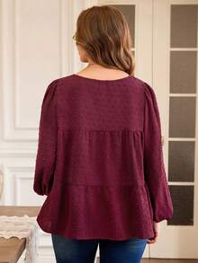Rosumi 大码女式休闲宽松灯笼袖荷叶边下摆衬衫 - 酒紅色 - 查看 2