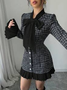 Selianne Women's Black And White Checkered Tweed Dress,Autumn Ellegant Office Urban Chic Pearl Button Long Sleeve Fitted Short Dress,Spring Bow Short Gown, Tall Women - Black - View 5