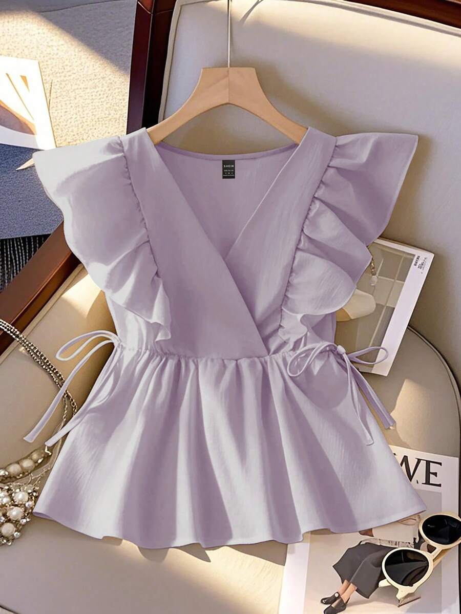 Franclia 女士甜美法式短袖V领荷叶边下摆系带露脐上衣，春夏款 - 紫丁香色 - 查看 1